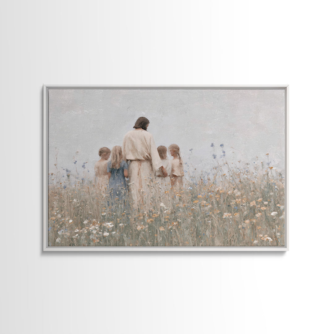 Gentle Meadow Light, Framed Canvas Print, Jesus Painting, Christian Art Canvas, Christian Wall Art, Minimalist Christian Art, Christian Gif