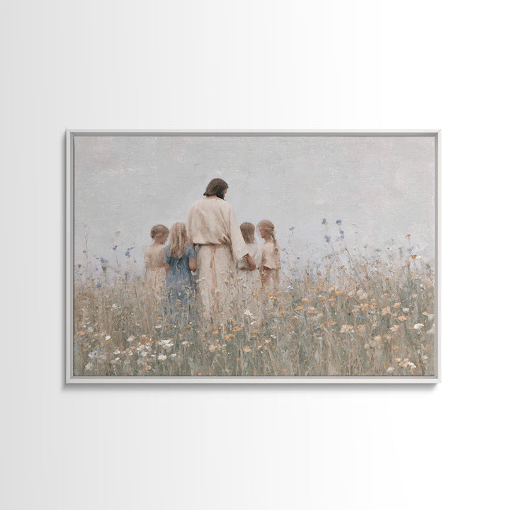 Gentle Meadow Light, Framed Canvas Print, Jesus Painting, Christian Art Canvas, Christian Wall Art, Minimalist Christian Art, Christian Gif