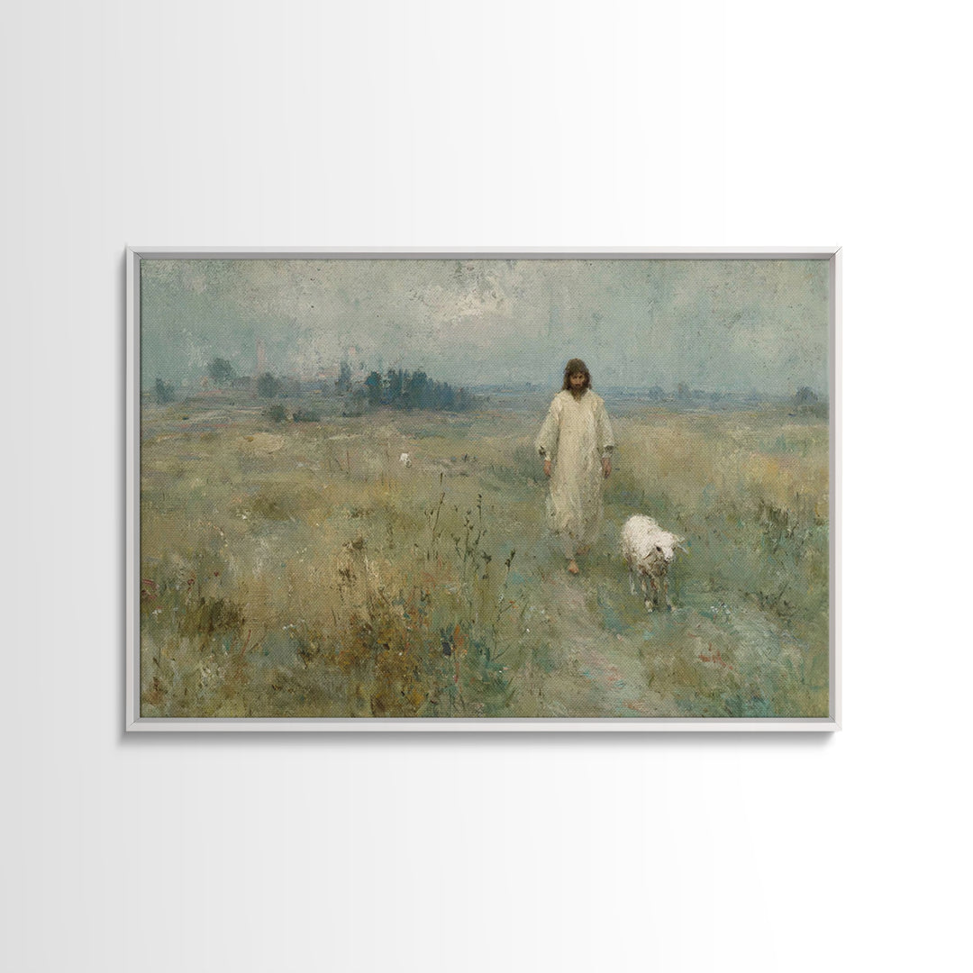 Gentle Shepherd Light, Framed Canvas Print, Christian Art Canvas, Jesus Painting, Vintage Christian Art, Christian Wall Art, Christian Gift