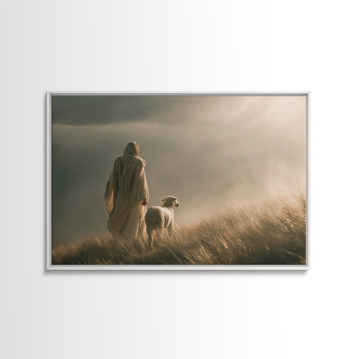 Shepherd’s Dawn, Framed Canvas Print, Christian Wall Art, Jesus Painting, Christian Art Canvas, Minimalist Christian Art, Christian Gift
