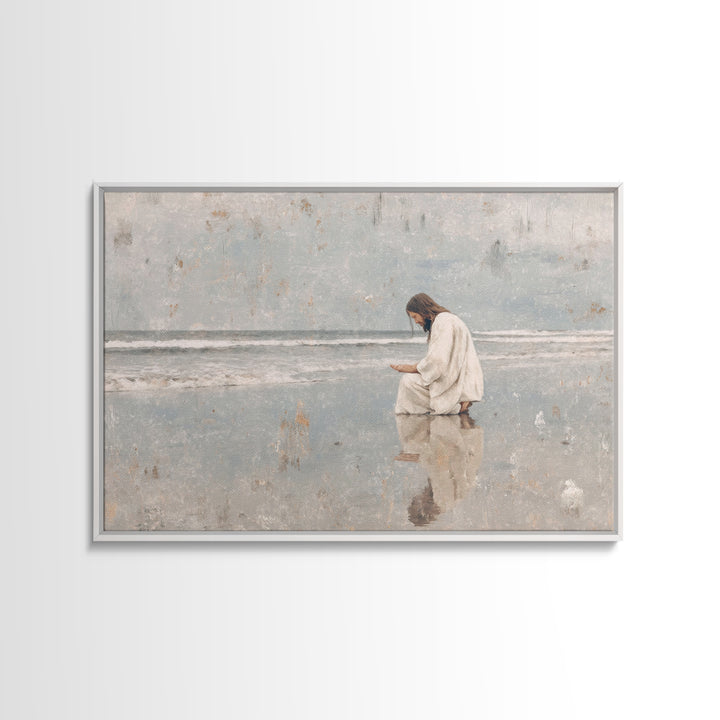 Shoreline Prayer, Framed Canvas Print, Christian Wall Art, Jesus Painting, Christian Art Canvas, Large Christian Art, Modern Christian Art