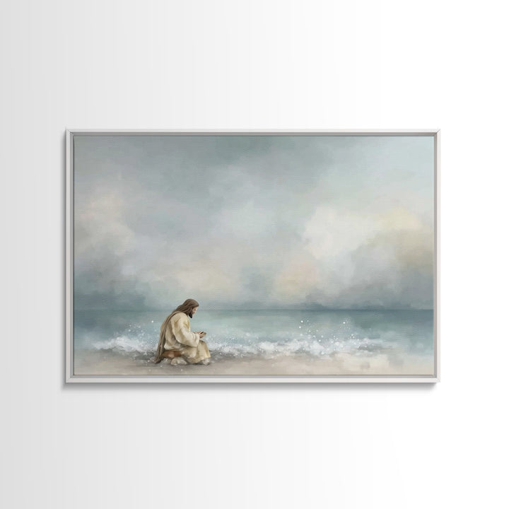 Quiet Sea Devotion, Framed Canvas Print, Christian Wall Art, Jesus Painting, Christian Art Canvas, Large Christian Art, Modern Christian Ar
