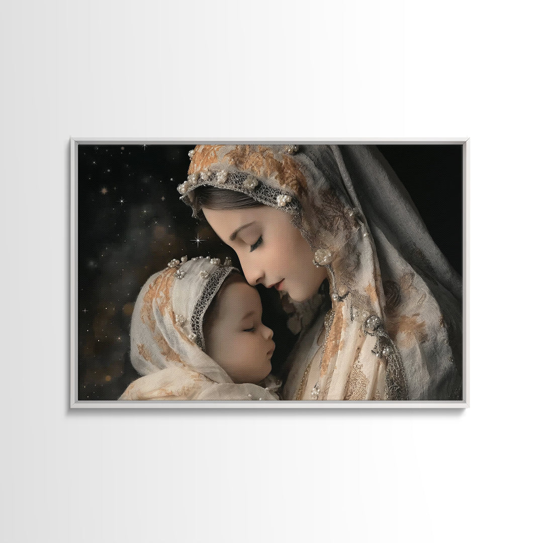 Starry Motherhood | Framed Canvas Print | Christian Wall Art | Mary And Jesus Painting | Christian Art Canvas | Christian Art