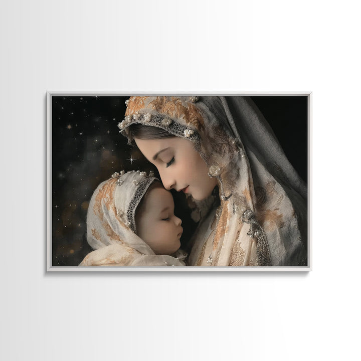 Starry Motherhood | Framed Canvas Print | Christian Wall Art | Mary And Jesus Painting | Christian Art Canvas | Christian Art
