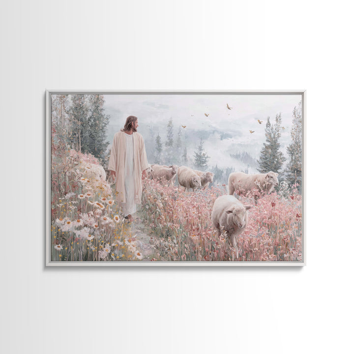 Meadow Shepherd – Framed Canvas Print – Christian Wall Art – Jesus Painting – Christian Art Canvas – Christian Gift – Modern Christian Art