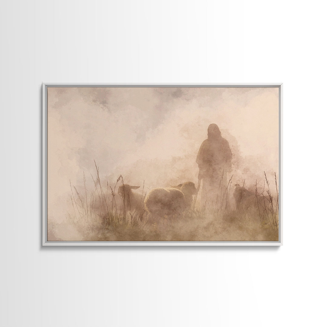 Shepherd In The Mist – Framed Canvas Print – Christian Art Canvas – Christian Wall Art – Jesus Painting – Moody Christian Art – Christian G