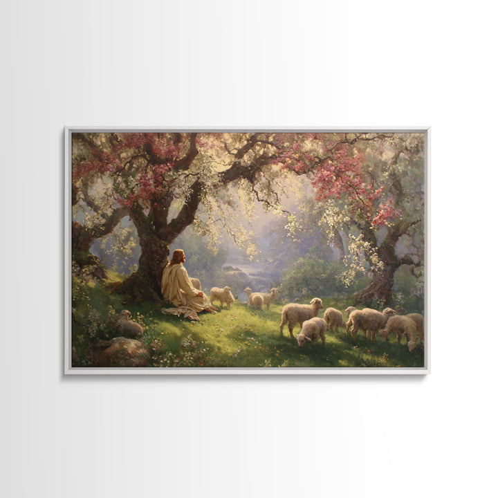 Pastoral Dawn Peace – Framed Canvas Print – Jesus Painting – Christian Wall Art – Christian Art Canvas – Christian Christmas Art – Christia