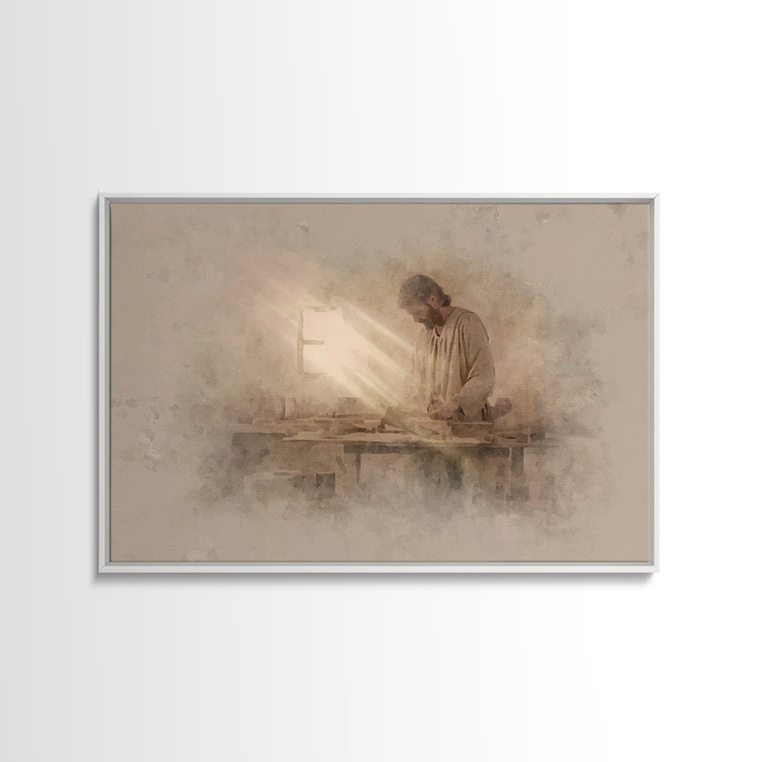 Carpenter’s Light – Framed Canvas Print – Christian Wall Art – Jesus Painting – Christian Art Canvas – Minimalist Christian Art – Christian