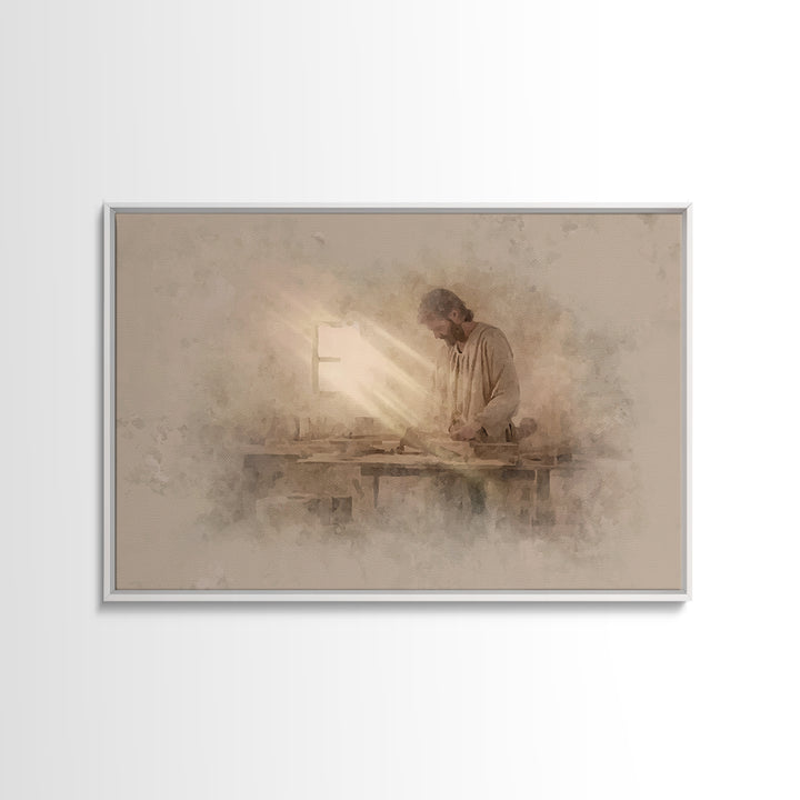 Carpenter’s Light – Framed Canvas Print – Christian Wall Art – Jesus Painting – Christian Art Canvas – Minimalist Christian Art – Christian