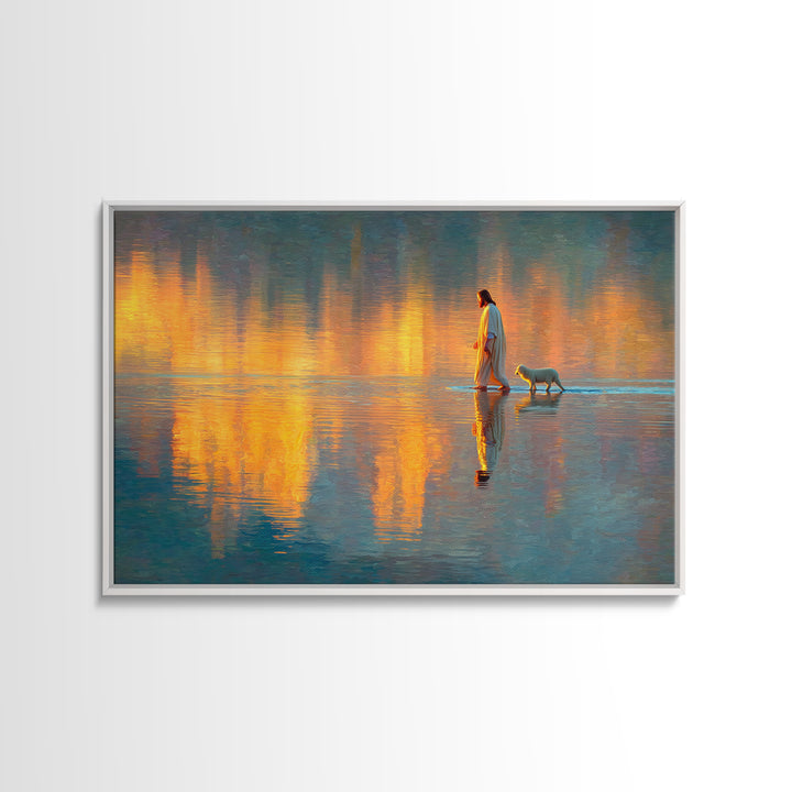 Golden Dawn Reflections | Framed Canvas Print | Christian Wall Art | Jesus Painting | Christian Art Canvas | Modern Christian Art | Christi