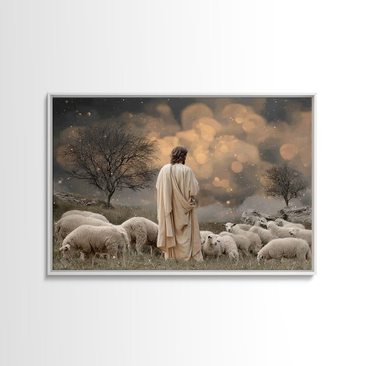 Twilight Pasture Watch | Framed Canvas Print | Christian Art Canvas | Jesus Painting | Christian Wall Art | Moody Christmas Art | Christian