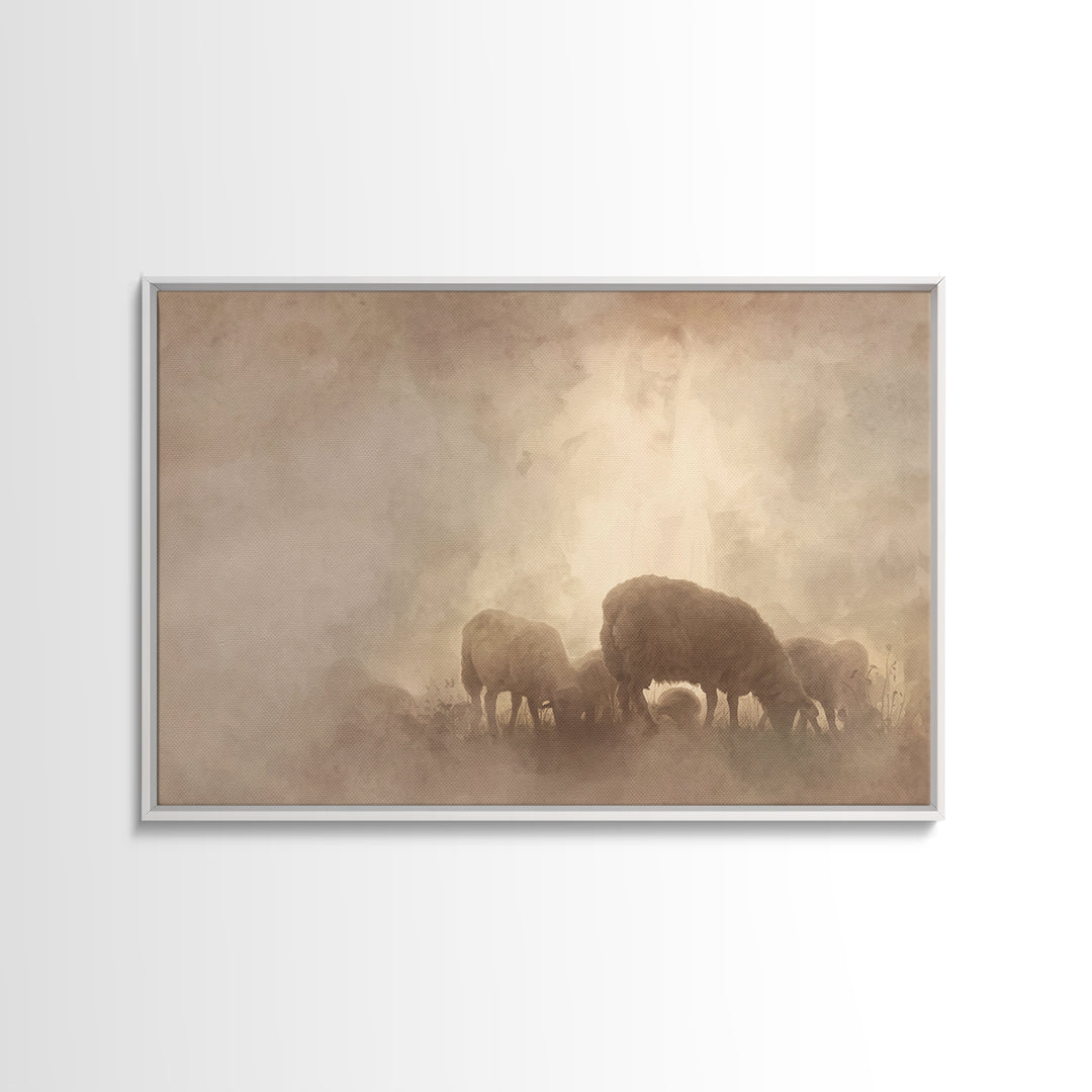 Heavenly Pasture Light, Framed Canvas Print, Christian Wall Art, Christian Art Canvas, Jesus Painting, Subtle Christian Art, Christian Gift