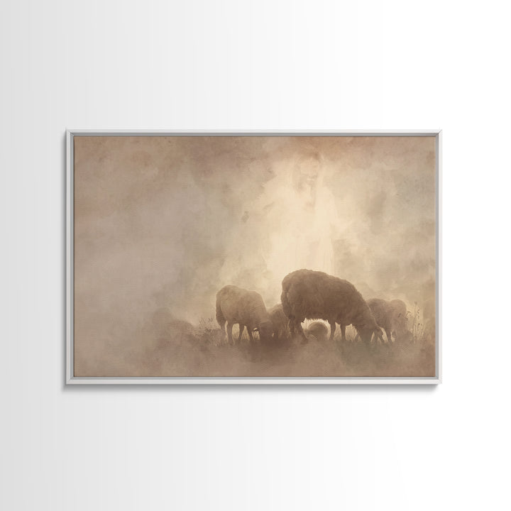 Heavenly Pasture Light, Framed Canvas Print, Christian Wall Art, Christian Art Canvas, Jesus Painting, Subtle Christian Art, Christian Gift