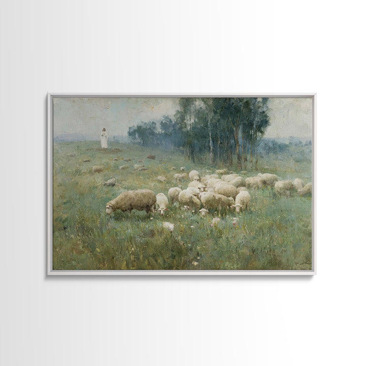 Hillside Shepherd Calm | Framed Canvas Print | Christian Art Print | Christian Wall Art | Jesus Painting | Vintage Christian Art | Christia