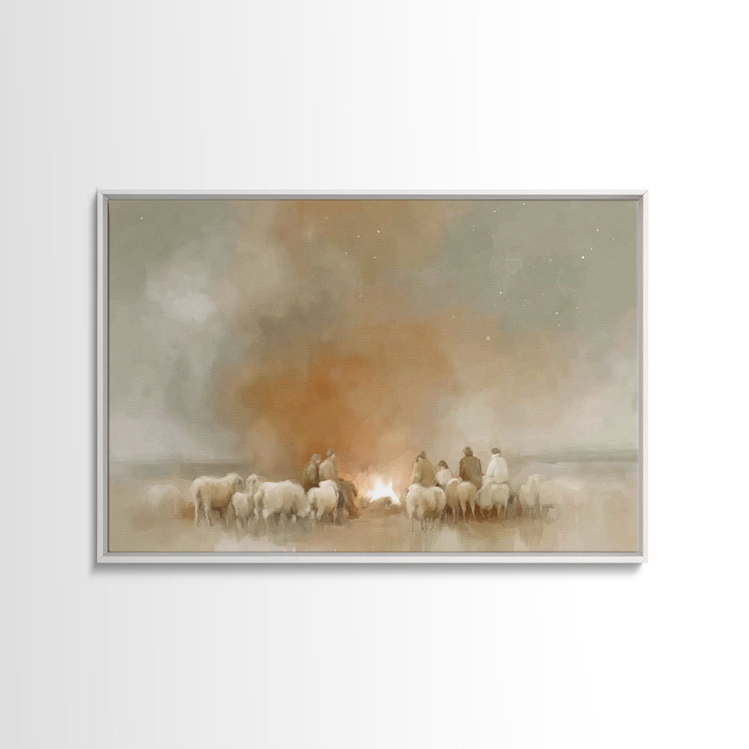 Fireside Shepherd Night | Framed Canvas Print | Christian Wall Art | Christian Art Canvas | Christmas Art | Christian Christmas Decor | Chr
