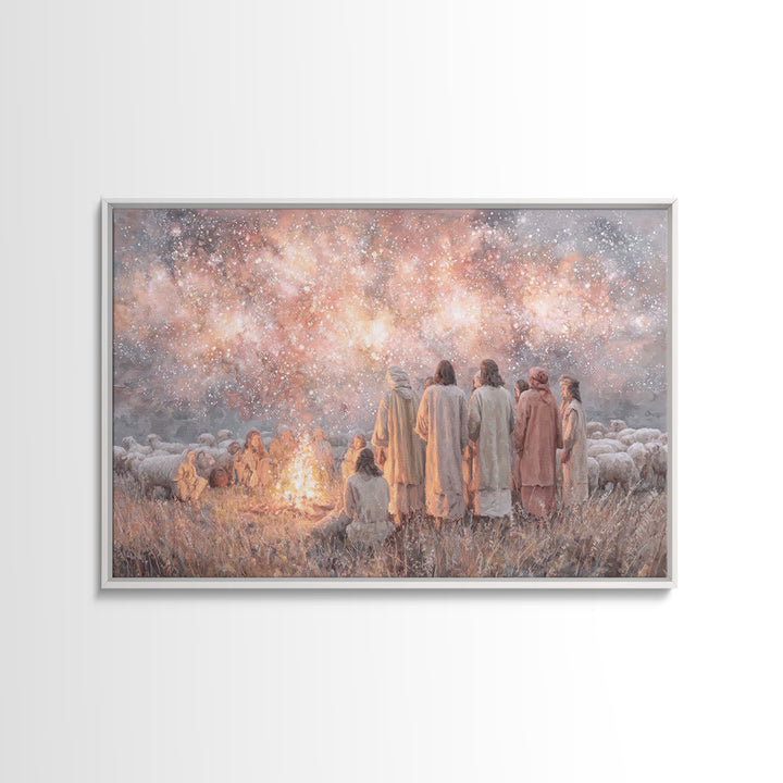 Celestial Gathering Light, Framed Canvas Print, Christian Wall Art, Christian Art Canvas, Christian Christmas Art, Jesus Painting, Modern C
