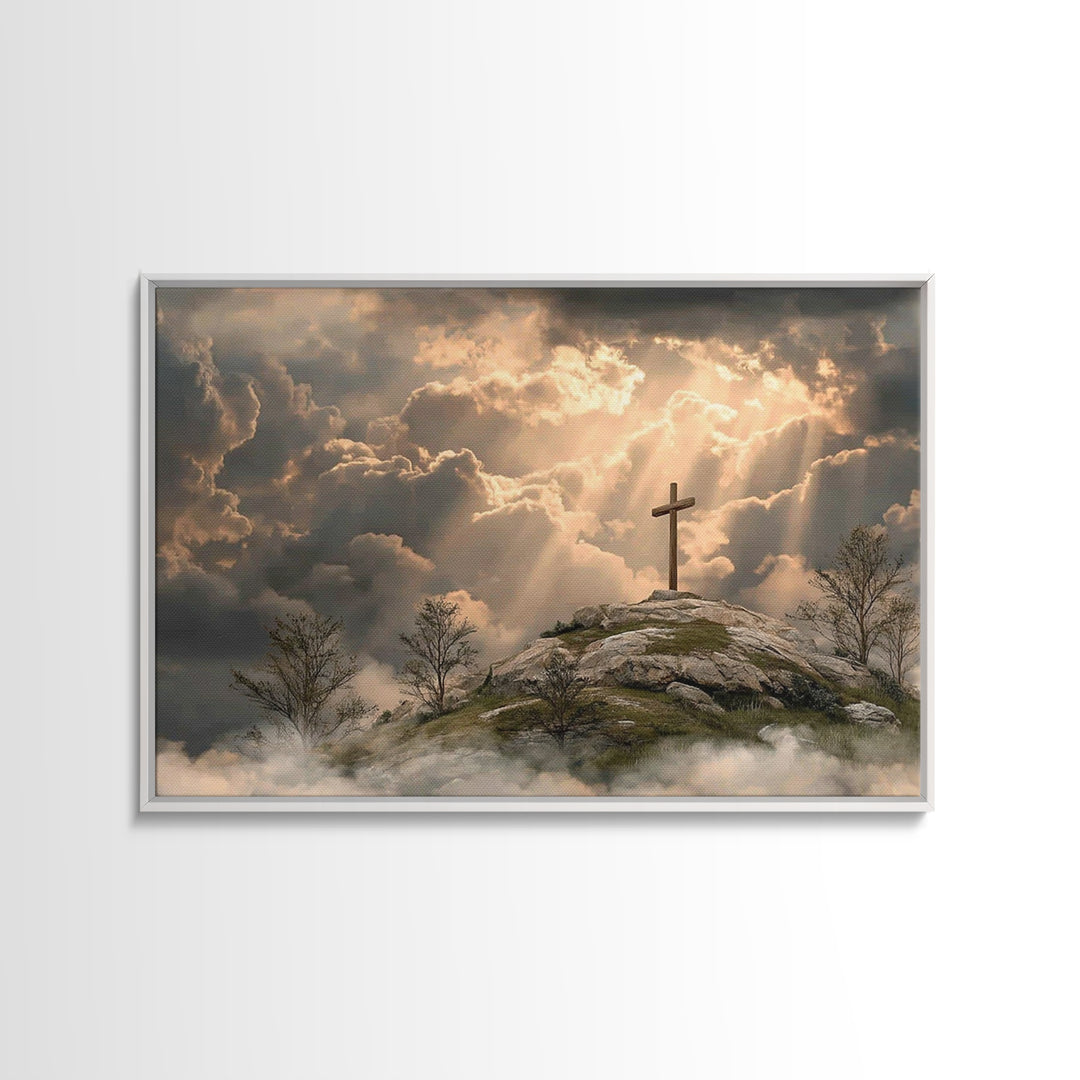 Hilltop Grace Light – Framed Canvas Print – Christian Wall Art – Large Christian Art – Christian Art Painting – Moody Christian Art