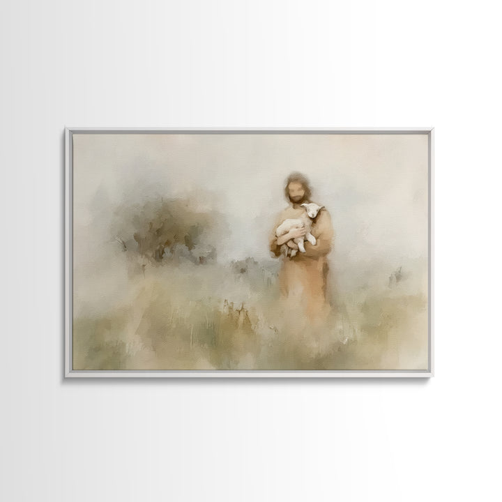 Soft Meadow Shepherd – Framed Canvas Print – Minimalist Christian Art – Christian Wall Art – Christian Art Canvas – Subtle Christian Painti