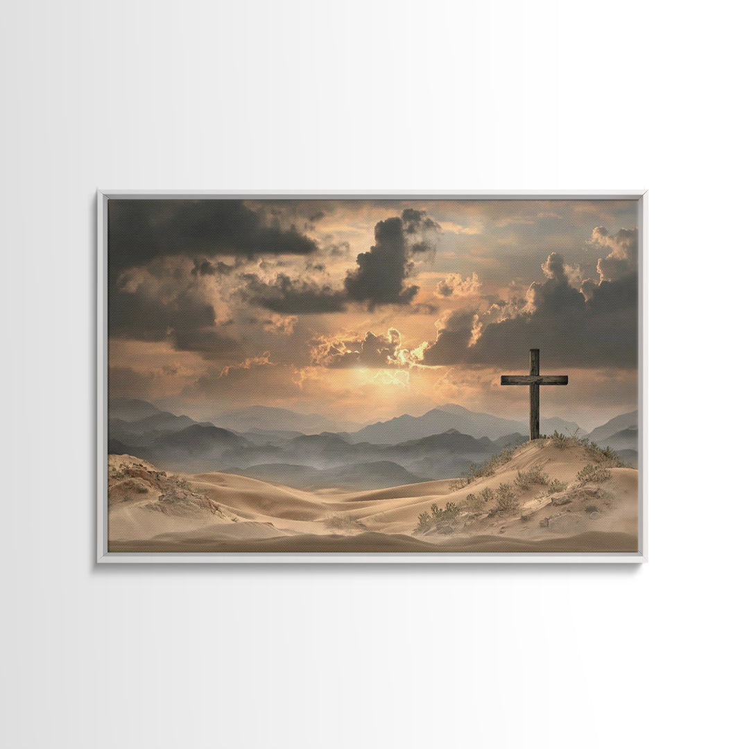 Desert Cross Stillness, Framed Canvas Print, Christian Wall Art, Christian Art Painting, Moody Christian Art, Christian Art Canvas, Jesus P