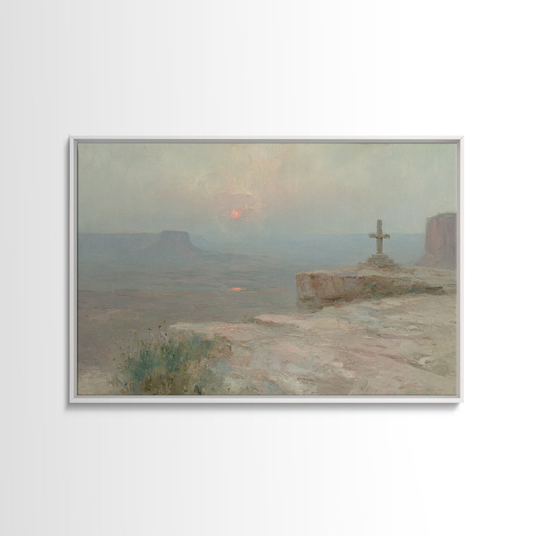 Cliffside Cross Peace, Framed Canvas Print, Christian Painting, Christian Wall Art, Christian Art Canvas, Vintage Christian Art, Christian