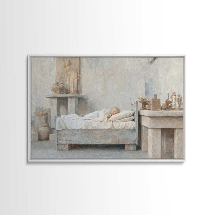 Silent Cradle Peace – Framed Canvas Print – Christian Art Painting – Christmas Art Work – Christian Wall Art – Jesus Art Print – Vintage Ch
