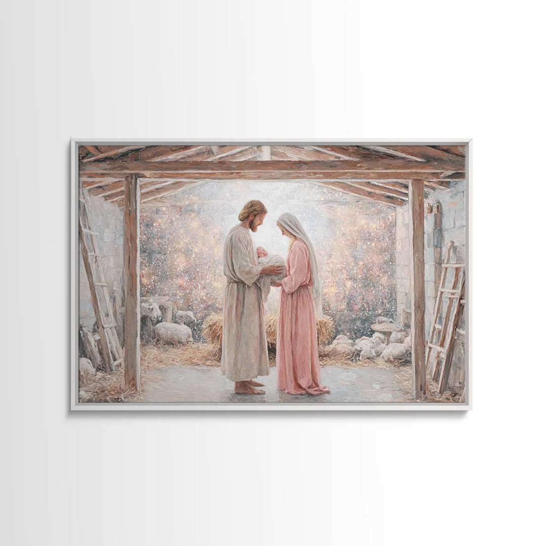 Holy Nativity Light | Framed Canvas Print | Christian Art Canvas | Christmas Art | Christian Wall Art | Jesus Christmas Art | Christian Gif