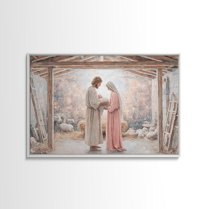 Holy Nativity Light | Framed Canvas Print | Christian Art Canvas | Christmas Art | Christian Wall Art | Jesus Christmas Art | Christian Gif