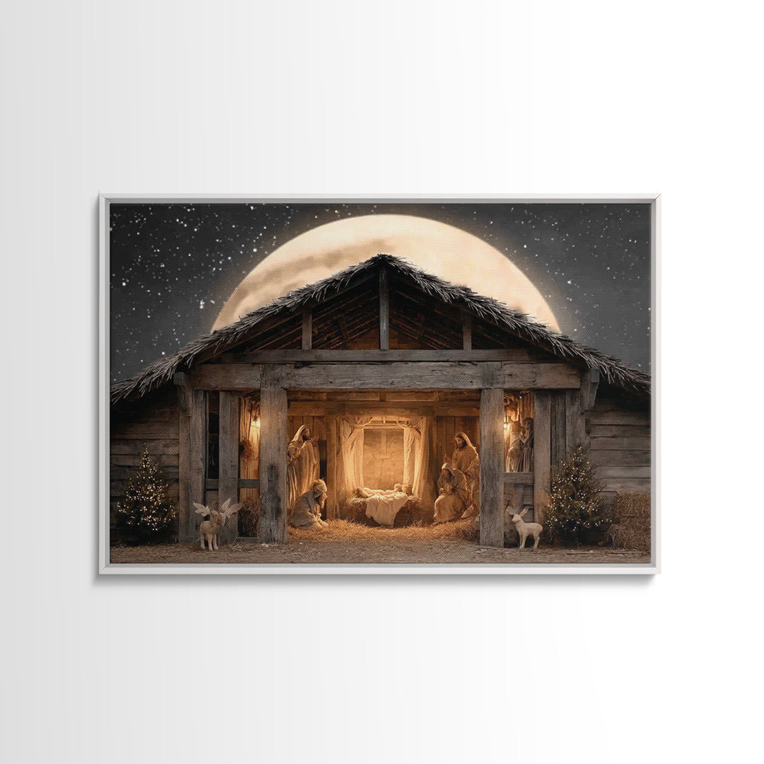 Moonlit Nativity, Framed Canvas Print, Christmas Art, Christian Wall Art, Christian Christmas Decor, Christian Art Canvas, Christmas Art Pr