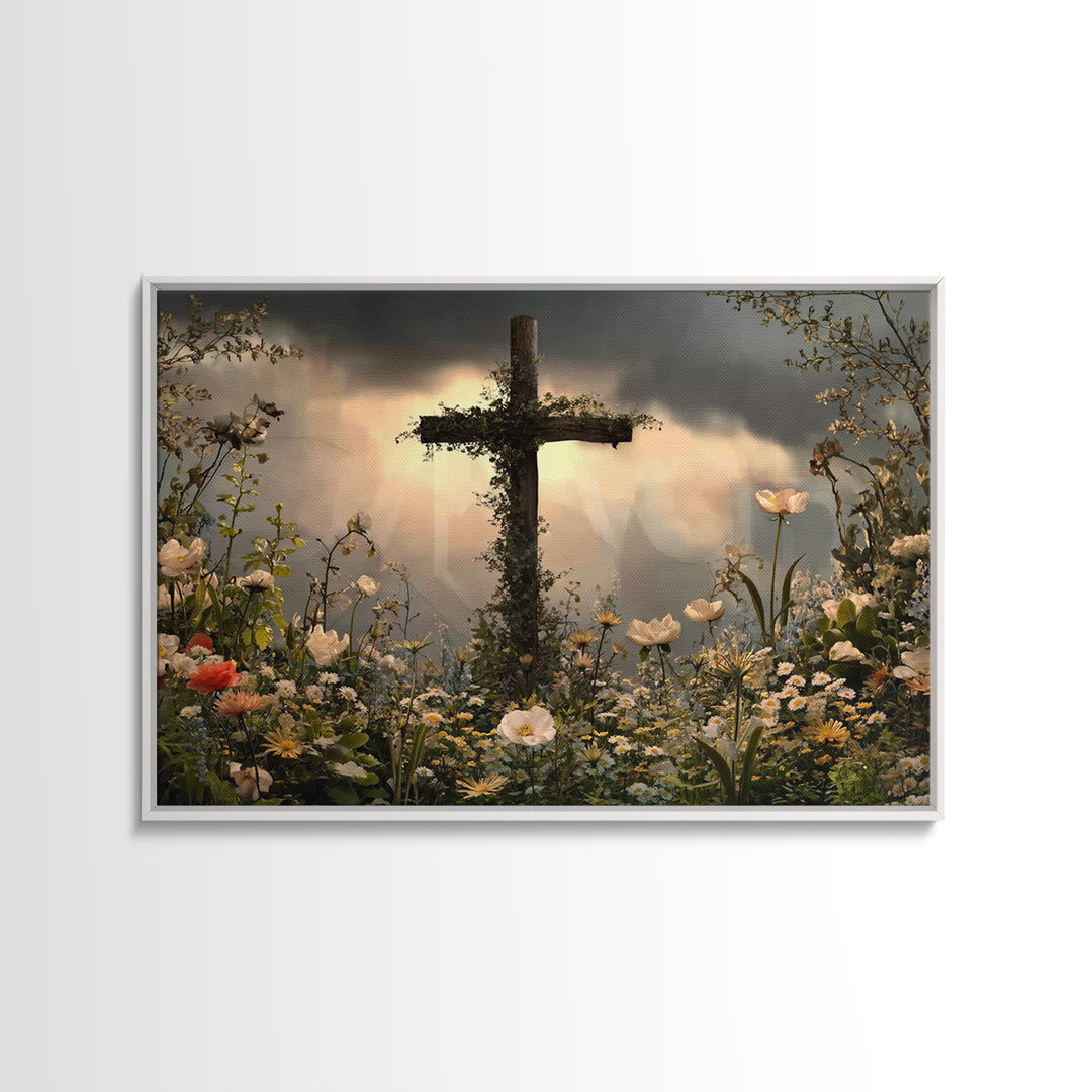 Cross Of Renewal – Framed Canvas Print – Christian Wall Art – Christian Art Canvas – Christian Paintings – Floral Christian Art – Christian