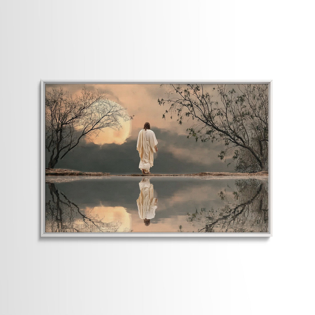 Moonlit Savior Walk, Framed Canvas Print, Christian Wall Art, Jesus Painting, Christian Art Print, Moody Christmas Art, Christian Decor