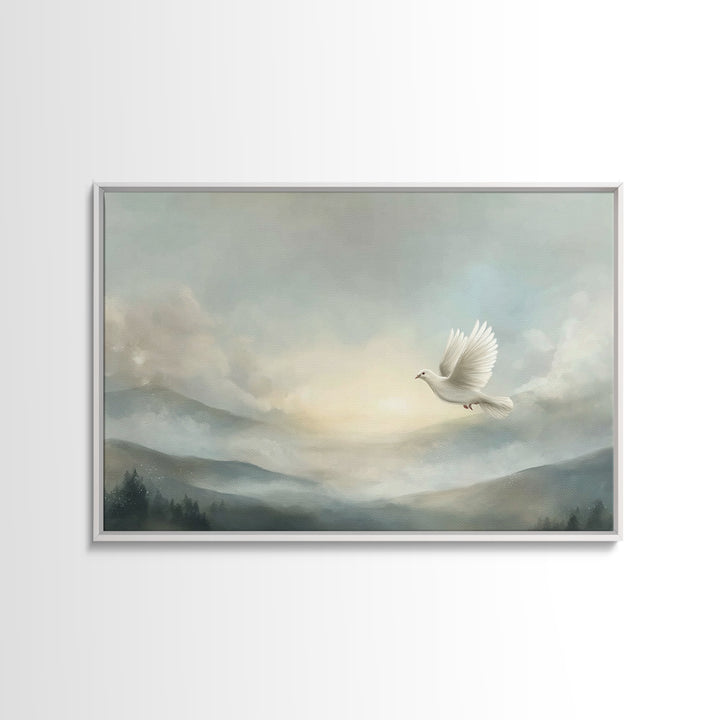Heavenly Dove Light, Framed Canvas Print, Christian Wall Art, Christian Art Canvas, Christmas Art Prints, Christian Gift, Subtle Christian
