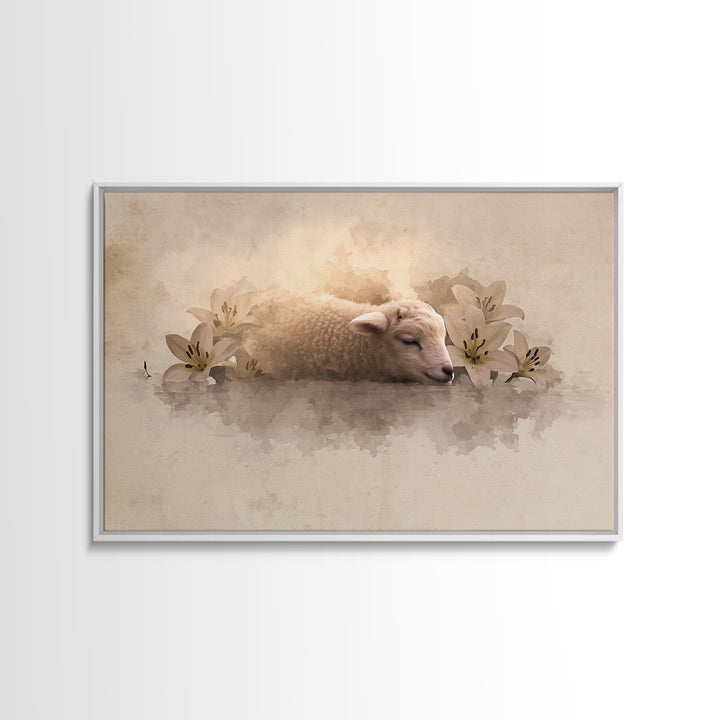 Lamb Of Peace – Framed Canvas Print – Christian Wall Art – Christian Art Canvas – Jesus Painting – Pastoral Scenery – Christian Christmas A