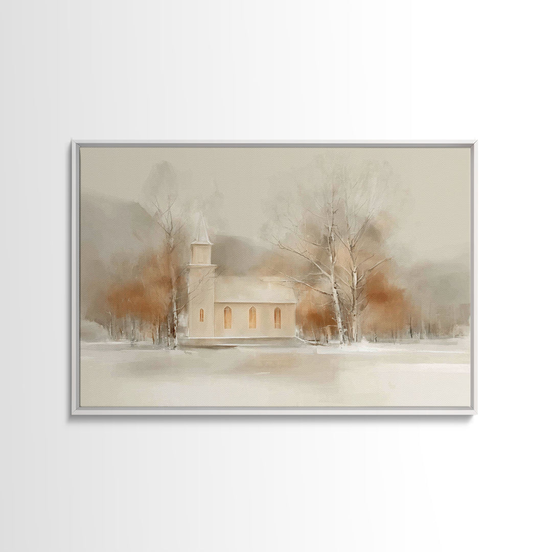 Winter Chapel Light, Framed Canvas Print, Christmas Art Prints, Christian Wall Art, Christian Christmas Decor, Modern Christmas Art, Framed