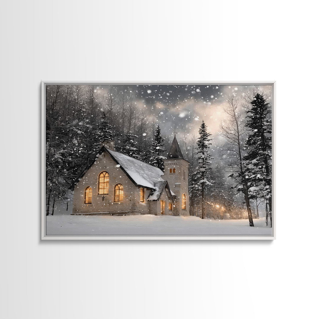 Frosted Sanctuary – Framed Canvas Print – Christian Wall Art – Christmas Canvas Wall Art – Christian Christmas Art – Moody Christmas Art –