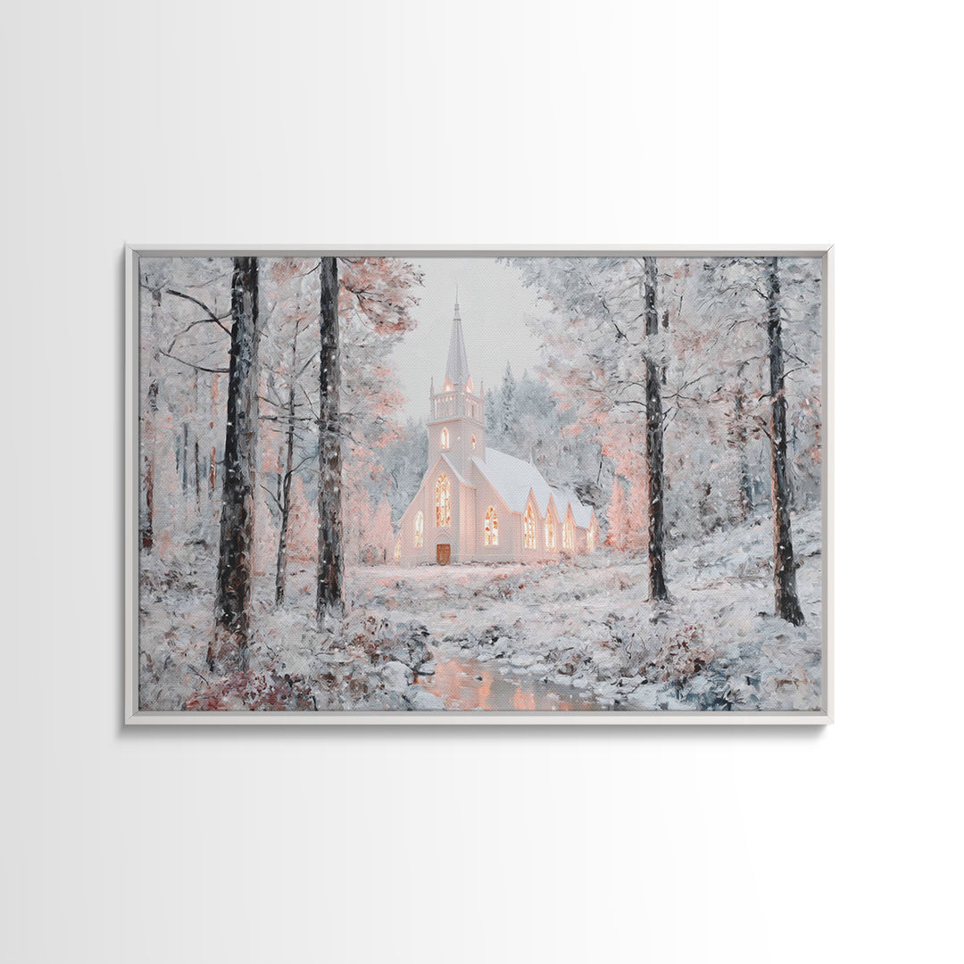Winter Chapel Glow – Framed Canvas Print – Christian Wall Art – Christmas Art Prints – Christian Christmas Decor – Modern Christmas Art – C