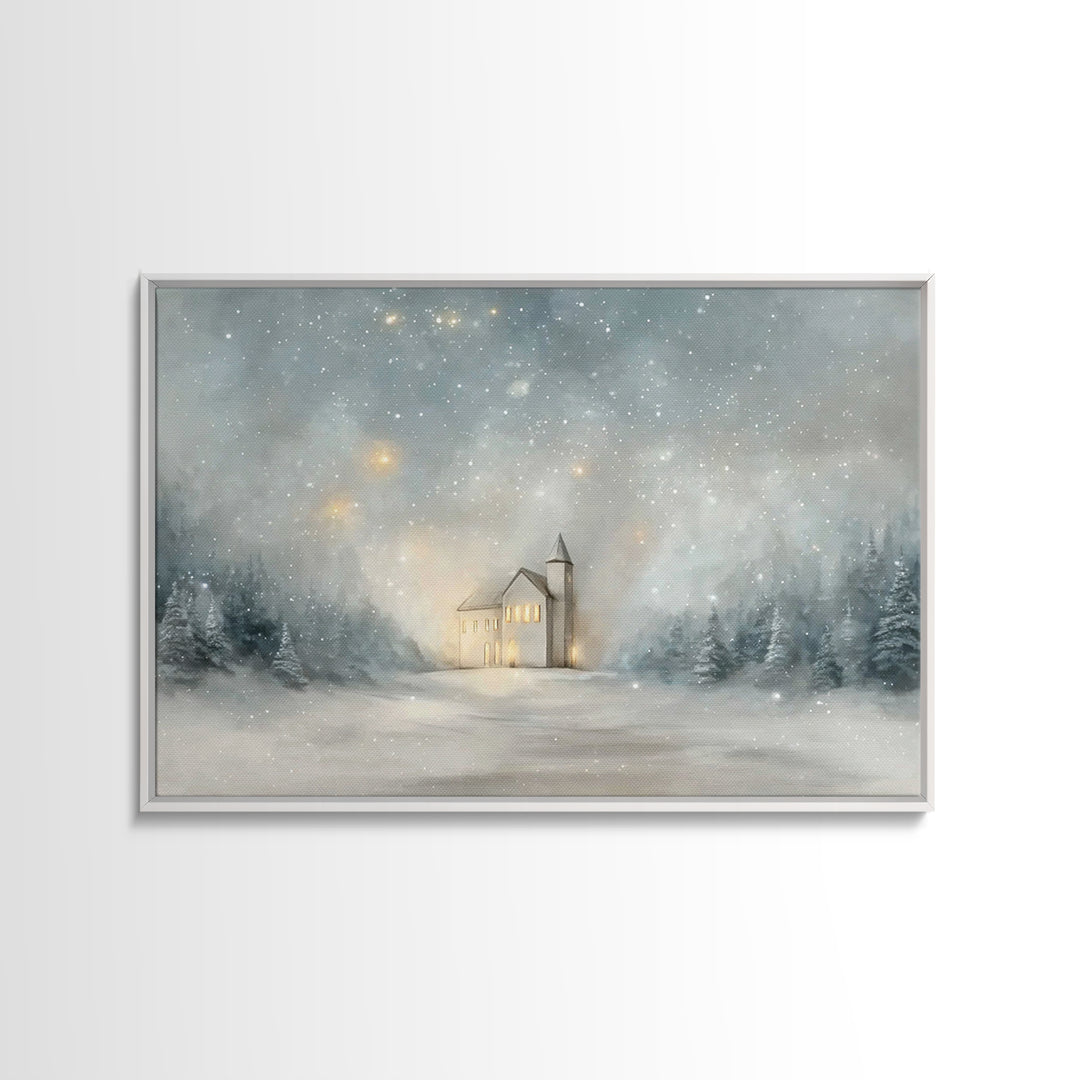 Starry Night Sanctuary, Framed Canvas Print, Christian Wall Art, Christmas Canvas Wall Art, Moody Christmas Art, Christian Christmas Decora