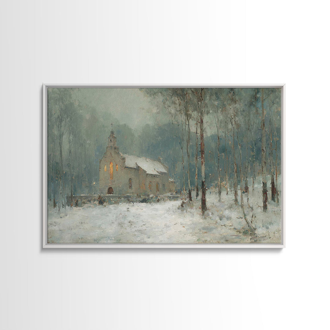 Frosted Church Peace – Framed Canvas Print – Christian Wall Art – Vintage Christian Art – Christmas Art Framed – Christian Christmas Art –