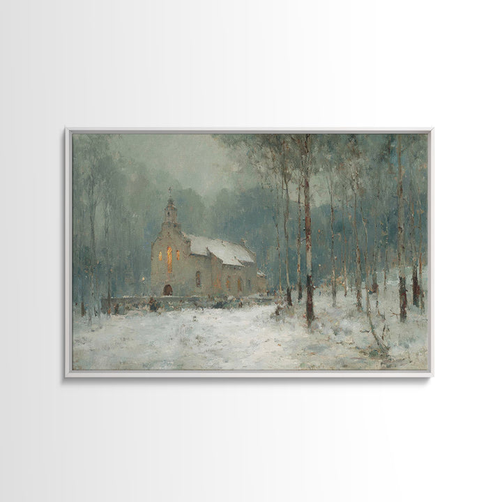 Frosted Church Peace – Framed Canvas Print – Christian Wall Art – Vintage Christian Art – Christmas Art Framed – Christian Christmas Art –