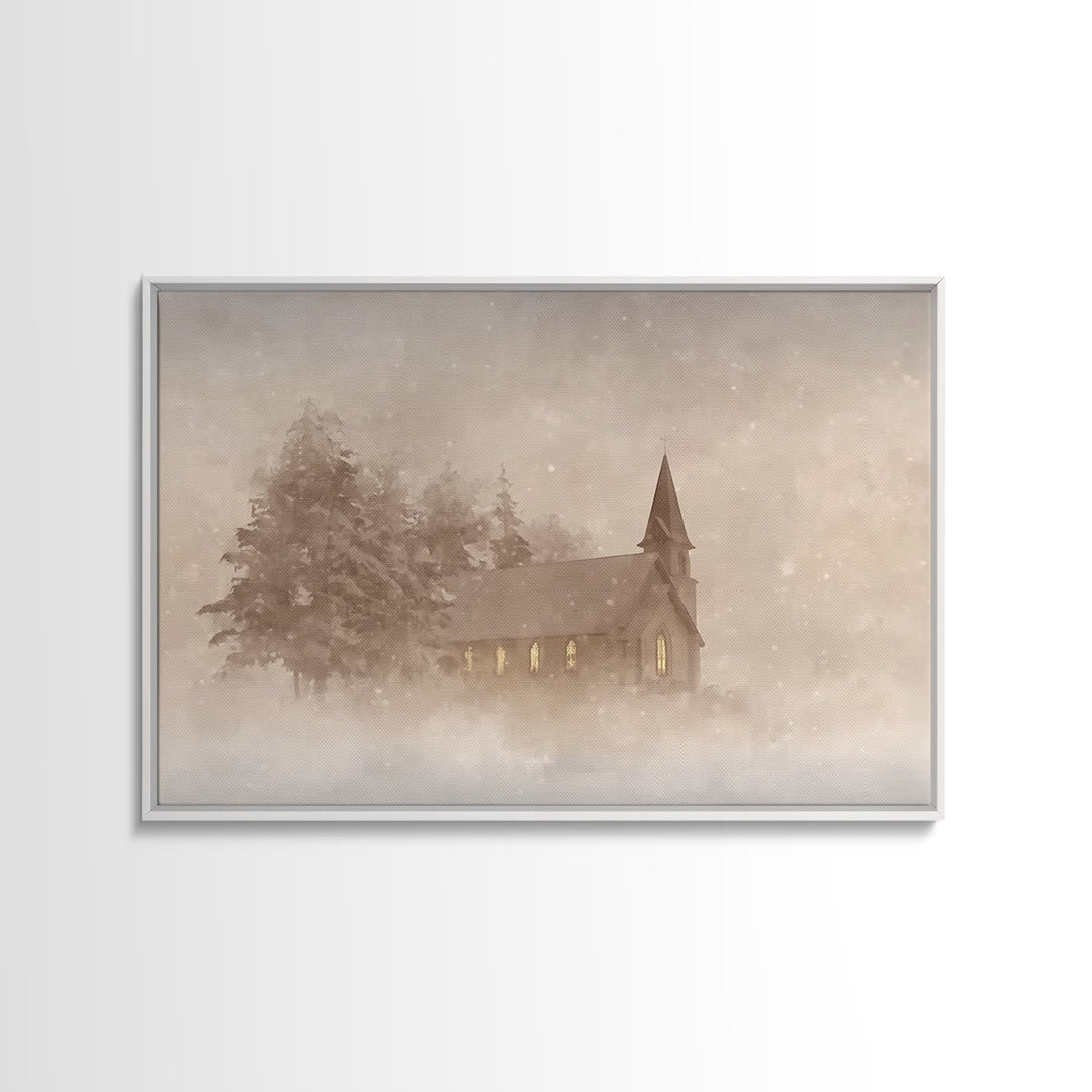 Misty Chapel Grace | Framed Canvas Print | Christian Wall Art | Christian Art Painting | Christmas Art Prints | Christian Decoration | Mode