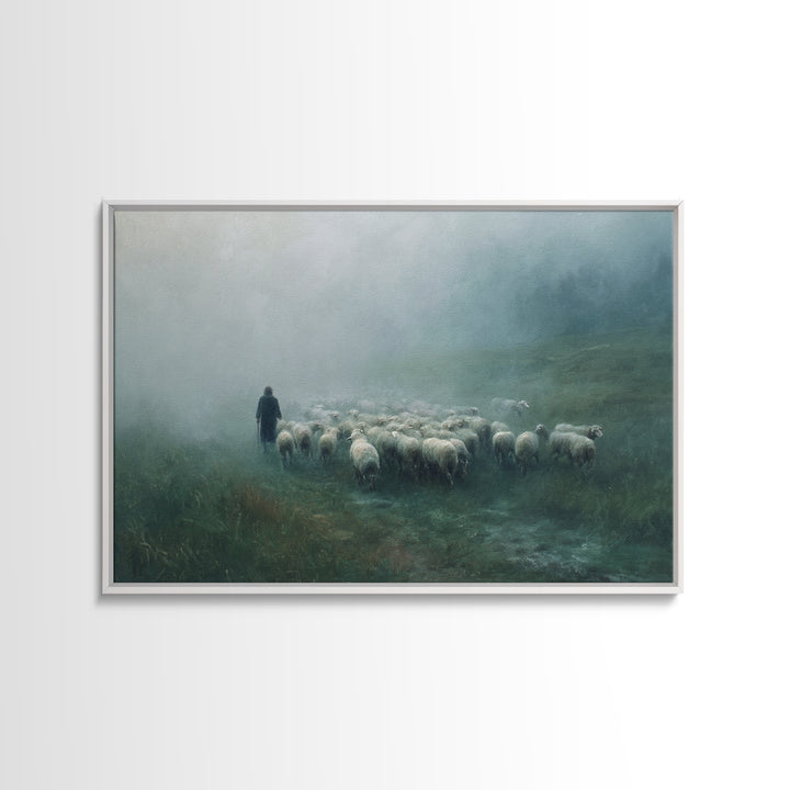 Misty Pasture Dawn, Framed Canvas Print, Christian Wall Art, Moody Christian Art, Christian Christmas Art, Christian Art Canvas, Subtle Chr