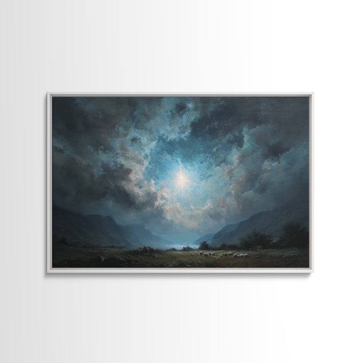 Heaven’s Valley Light | Framed Canvas Print | Christian Wall Art | Christian Art Canvas | Christmas Wall Art | Blue Christian Art | Christi