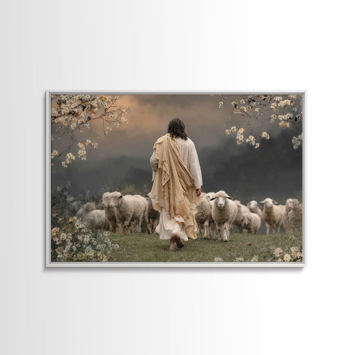 Graceful Pasture Walk | Framed Canvas Print | Jesus Painting | Christian Art Canvas | Christian Wall Art | Christian Gift | Modern Christia