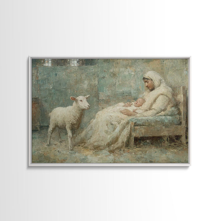Nativity Stillness, Framed Canvas Print, Christian Wall Art, Christmas Canvas Wall Art, Jesus Painting, Moody Christmas Art, Christian Art
