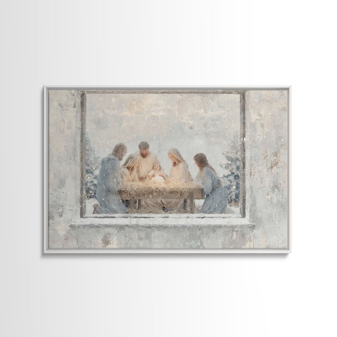 Holy Night Gathering Light – Framed Canvas Print – Christian Wall Art – Christian Art Canvas – Jesus Painting – Christian Christmas Art