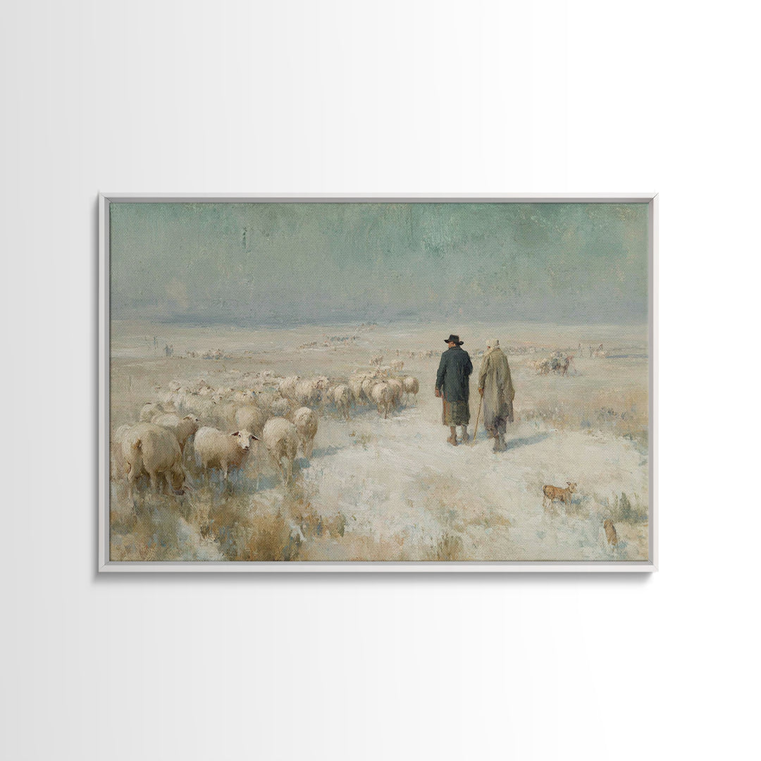 Shepherds At Dawn – Framed Canvas Print – Christian Wall Art – Christian Art Canvas – Christian Christmas Art – Pastoral Scenery