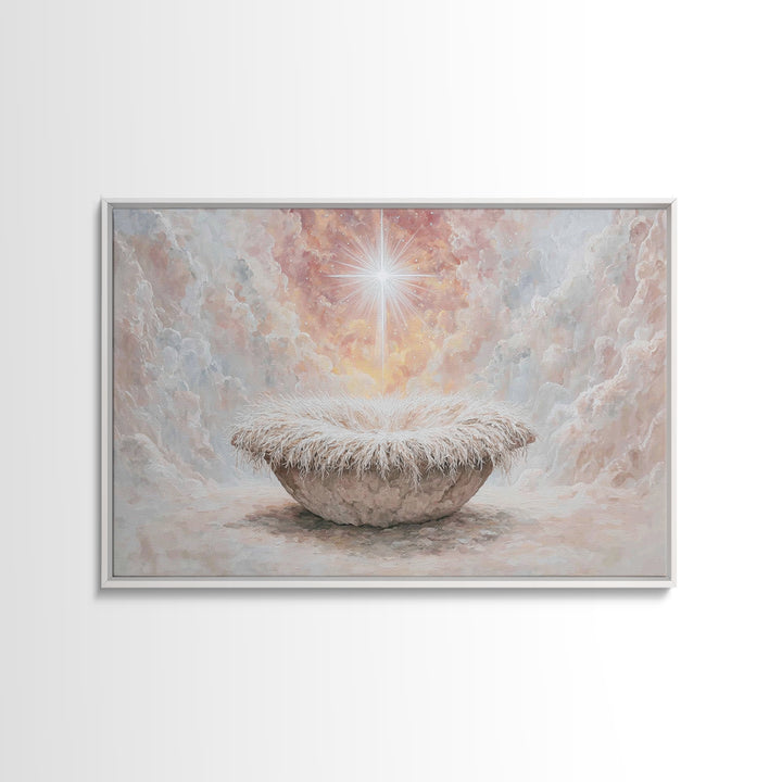 Heavenly Cradle Glow – Framed Canvas Print – Christian Art Canvas – Framed Christian Art – Christmas Wall Art – Vintage Christmas Art