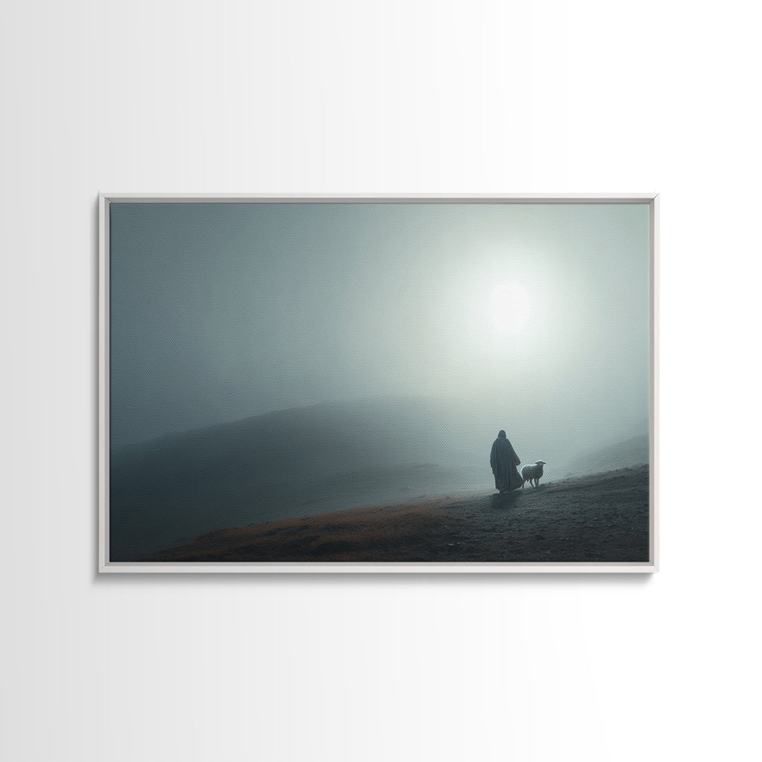 Misty Valley Shepherd – Framed Canvas Print – Christian Art Painting – Christian Decor – Blue Christian Art – Large Jesus Wall Art