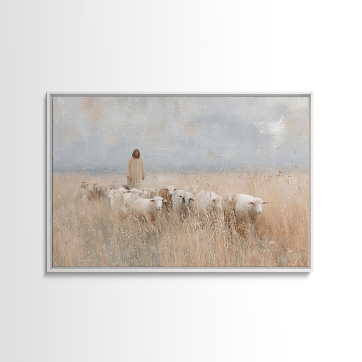 Golden Field Shepherd, Framed Canvas Print, Christian Art Canvas, Jesus Painting, Christian Wall Art, Christian Art Gift, Large Christian A