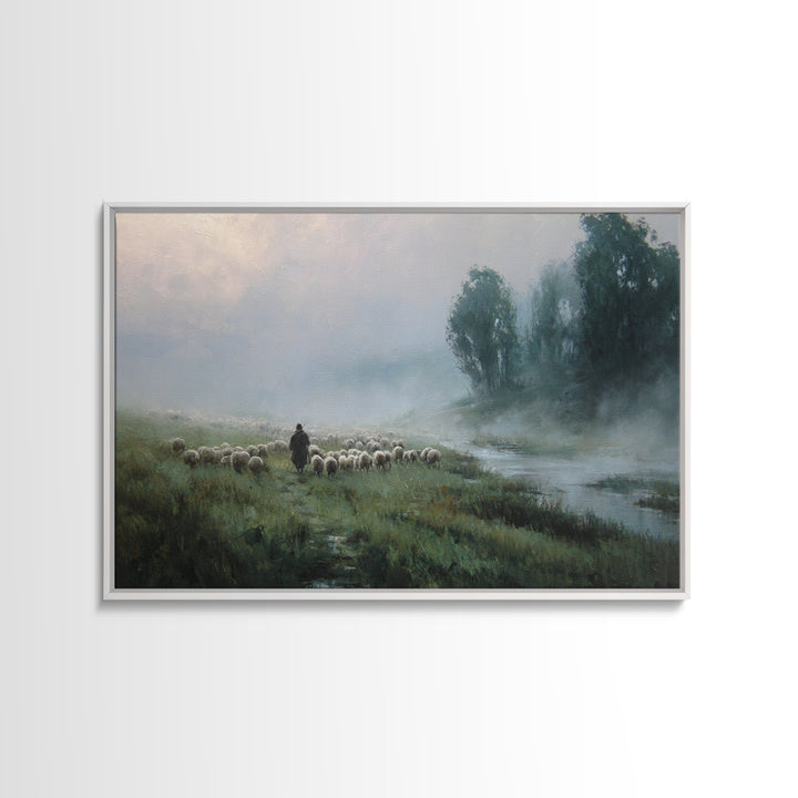 Misty River Flock | Framed Canvas Print | Christian Wall Art | Christian Painting | Christian Art Canvas | Subtle Christian Art | Christian