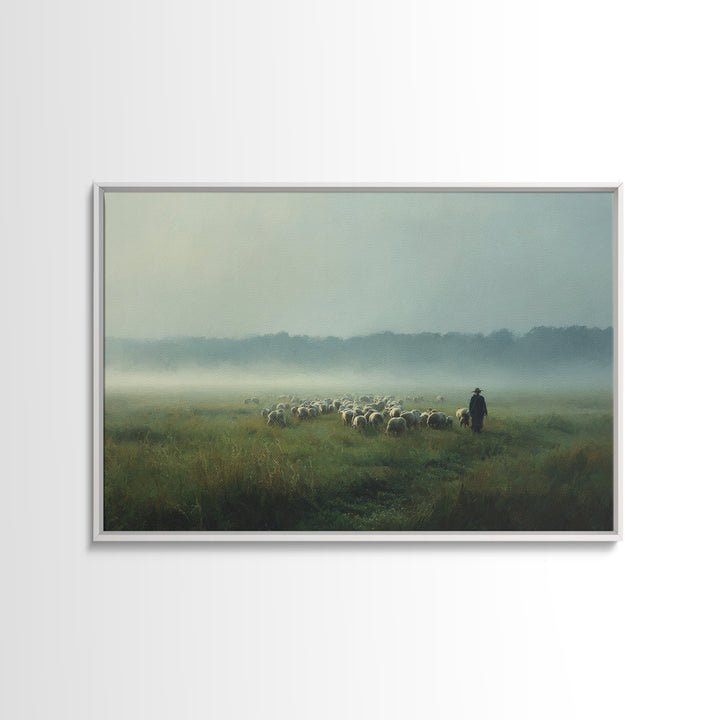 Morning Meadow Flock, Framed Canvas Print, Christian Art Work, Christian Wall Art, Jesus Painting, Large Christian Painting, Christian Art